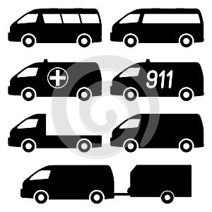 Set of silhouettes of minibuses. Vector illustration.