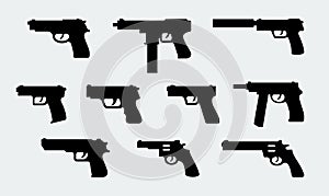 Set of silhouettes of modern pistols