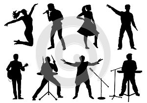 Set of silhouettes of musicians, singers and dancers isolated on white