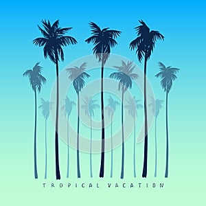 A set of silhouettes of palm trees in a realistic style on a yellow bright blue background.