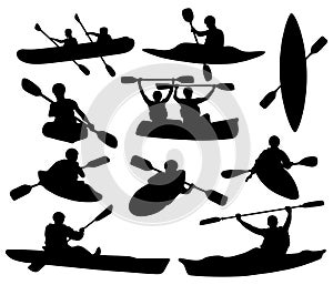 Set of silhouettes of people swimming in a canoe. Black white illustration of a kayak with men. Vector drawing of rowing photo