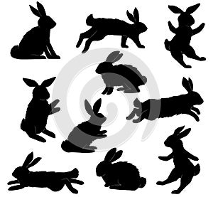 set of silhouettes of rabbits