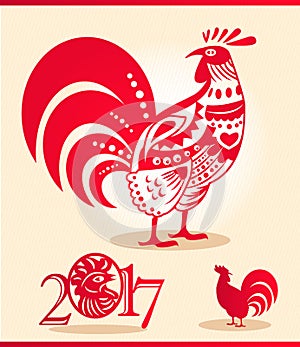 Set of silhouettes of red cock. Vector element for New Year`s design.