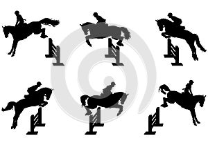 Set of silhouettes of riders jumping horse over an obstacle in competition or training