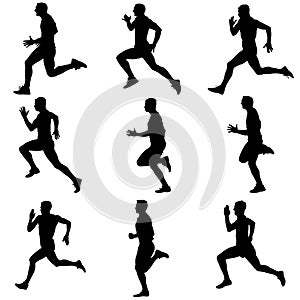 Set of silhouettes. Runners on sprint, men