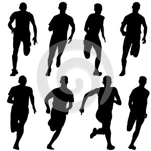 Set of silhouettes. Runners on sprint, men. vector