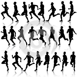 Set of silhouettes. Runners on sprint, men. vector