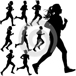 Set of silhouettes. Runners on sprint, men and woman