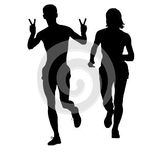 Set of silhouettes. Runners on sprint men and woman. Vector illustration