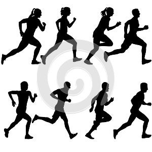 Set of silhouettes. Runners on sprint men and women on white background