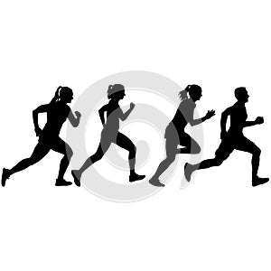 Set of silhouettes. Runners on sprint men and women on white background