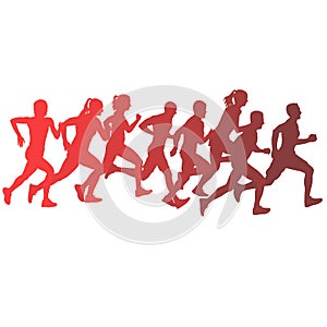 Set of silhouettes. Runners on sprint men and women on white background