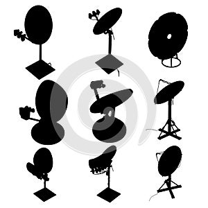 Set with silhouettes of satellite dishes isolated on white background. Vector illustration