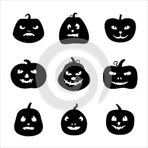 Set of silhouettes of scary pumpkin characters for Halloween. Black and white vector illustration.