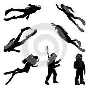 Set of silhouettes scuba diving.