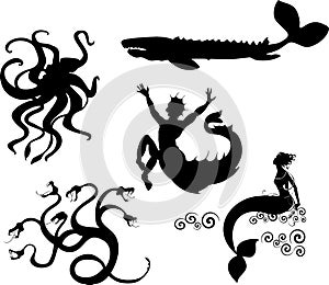 Set of silhouettes of sea mythological creatures: hydra, kraken, mermaid, echeneis