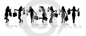 Set of silhouettes of shopping wom n with bags. Black color. Variuos poses. Vector illustration. Template for banner,