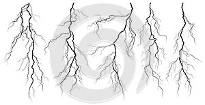 Set of silhouettes of thunderstorm lightning.