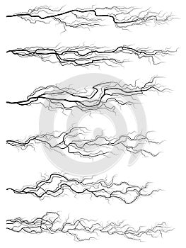 Set of silhouettes of thunderstorm lightning.