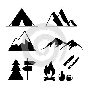 set of silhouettes. Travel Event. Camping vector logo template. Tourist tent, forest, camp, trees