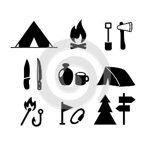 set of silhouettes. Travel Event. Camping vector logo template. Tourist tent, forest, camp, trees