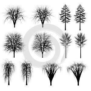 Set of silhouettes of trees, bushes