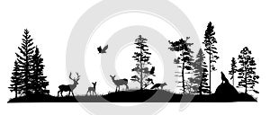 Set of silhouettes of trees and wild forest animals. Deer, fawn, doe, fox, wolf, owl, bird of pray, squirrel. Black and white.