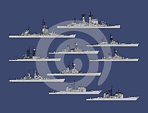 Set of silhouettes of us navy guided missile cruisers.