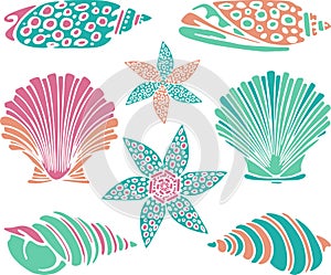 Set of silhouettes various decorative sea shells