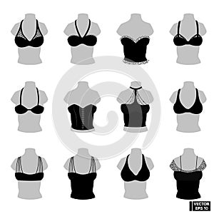 Set silhouettes of women`s bras