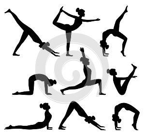 Set of silhouettes of yoga postures. Woman doing pilates exercises. Healthy lifestyle. Workout, vector illustration