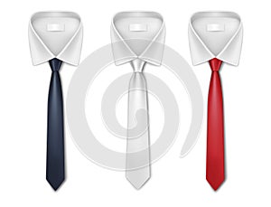 Set of silk neckties. Classic long red, white and black ties. Realistic cravats on shirt collar