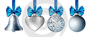 Set of Silver Christmas decoration hanging on ribbon with bow.