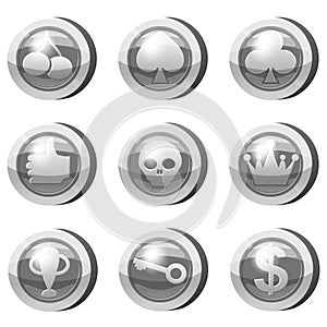 Set of Silver Coins for game apps. Grey icons, card suits, crown, scull, key, goblet, symbols game UI, gaming gambling