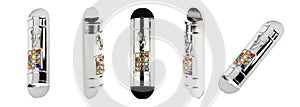 Set of a silver metal mezuzah with colorful stones on white background