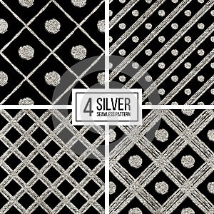 Set of silver seamless pattern grunge diagonal stripes and circle