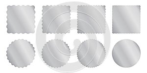 Set of silver square and circle sticker templates with wiggle borders. Shining labels, badges, price tags, coupons