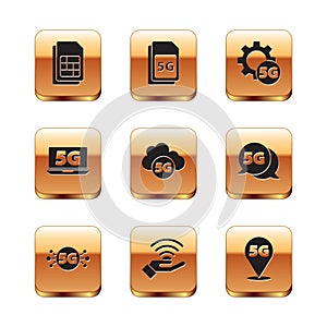 Set Sim card, 5G network, Cloud, Laptop with, Setting, Location and Card icon. Vector