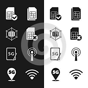 Set Sim card rejected, Social network, Graphic tablet with 5G, Antenna, Wi-Fi wireless and Location icon. Vector