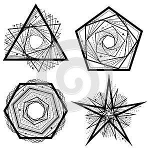 Set of simple abstract black geometric shapes from intersecting lines. Vector illustration.