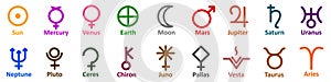 Set of simple astrology symbols icon of planets, celestial bodies, zodiac constellations, aspects, nodes, astronomy, star maps