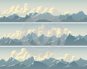 Set of simple banner with snowy mountain range glistens in the sun