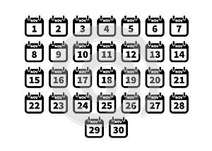 Set of simple black calendar icons on november isolated on white