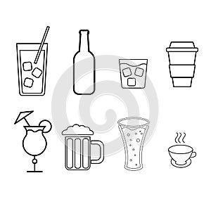 A set of simple black and white icons of alcoholic beverages for the bar, cafe: cocktails, glasses, beer, bottles, whiskey, coffee