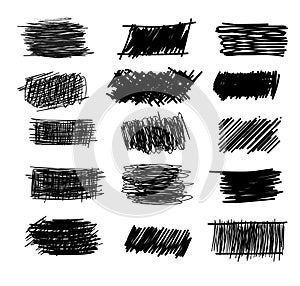 Set of simple bold hatching doodle lines, curves, frames. Pencil collection sketch isolated on white. Vector marker line blots set