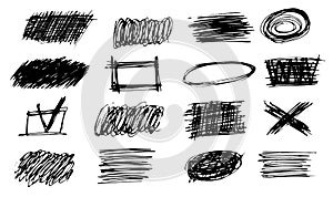 Set of simple bold hatching doodle lines, curves, frames. Pencil sketch isolated on white. Vector marker line blots set. Hand draw