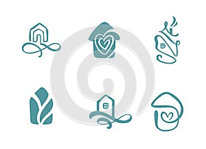 Set of simple calligraphy houses hand drawn logo. Real Vector Icons. Estate Architecture Construction for design. Art