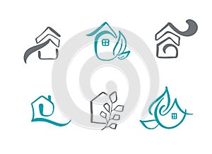 Set of simple calligraphy houses hand drawn logo. Real Vector Icons. Estate Architecture Construction for design. Art