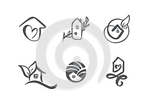 Set of simple calligraphy houses hand drawn logo. Real Vector Icons. Estate Architecture Construction for design. Art