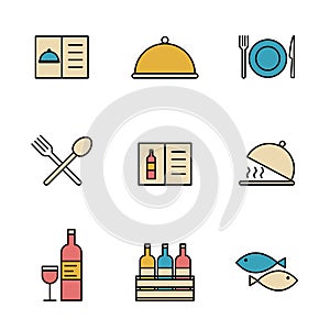 Set of Simple colored restaurant utensils icon in trendy line style isolated on white background for web apps and mobile concept.